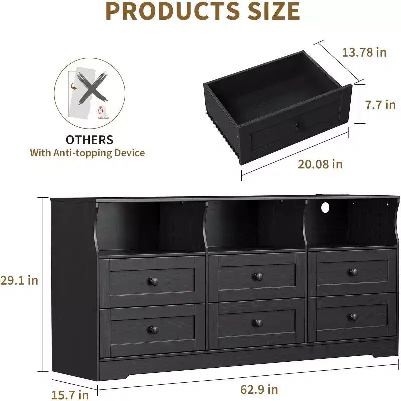 Commode étroite à 6 tiroirs avec étagère ouverte, petite commode peu encombrante pour chambre d'enfant, appartement, placard, meuble de rangement moderne, montage facile