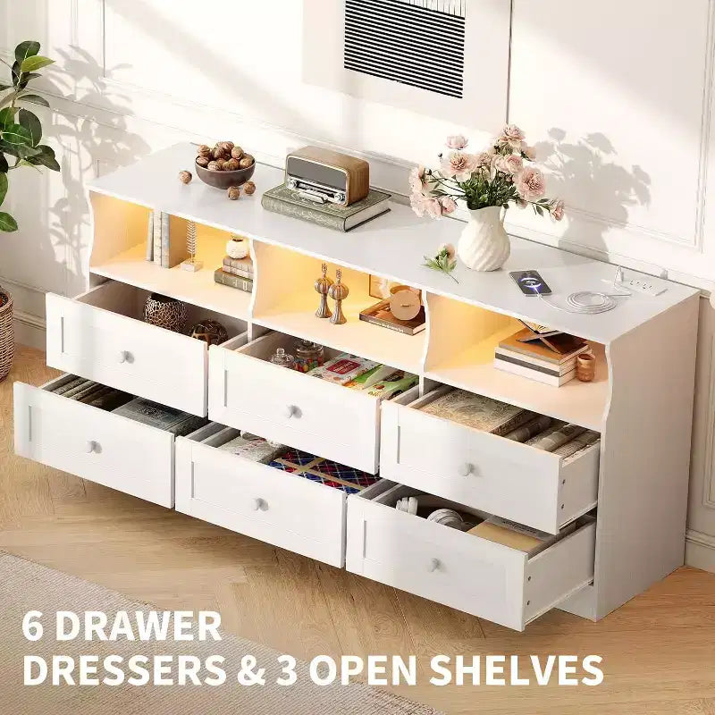 Commode étroite à 6 tiroirs avec étagère ouverte, petite commode peu encombrante pour chambre d'enfant, appartement, placard, meuble de rangement moderne, montage facile