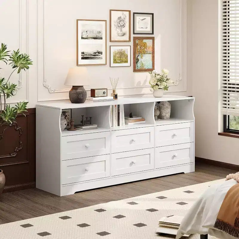 Commode étroite à 6 tiroirs avec étagère ouverte, petite commode peu encombrante pour chambre d'enfant, appartement, placard, meuble de rangement moderne, montage facile