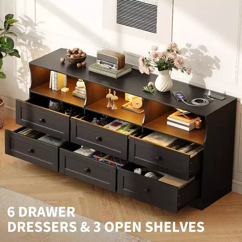 Commode étroite à 6 tiroirs avec étagère ouverte, petite commode peu encombrante pour chambre d'enfant, appartement, placard, meuble de rangement moderne, montage facile