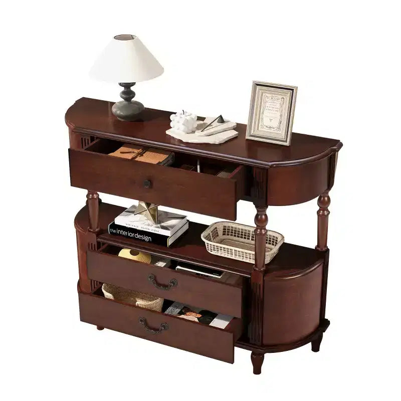 Console Rétro Courbe 43" avec Tiroirs, Table de Canapé avec Pieds en Bois Massif, Table d'Entrée ou de Couloir avec Étagère de Rangement