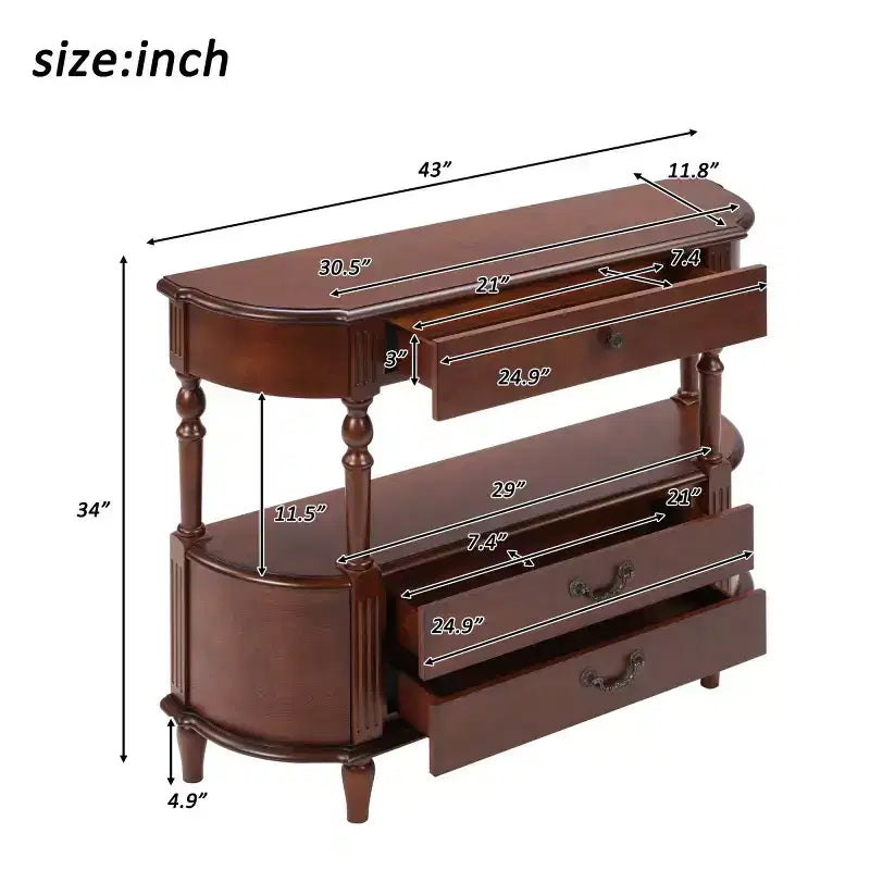 Console Rétro Courbe 43" avec Tiroirs, Table de Canapé avec Pieds en Bois Massif, Table d'Entrée ou de Couloir avec Étagère de Rangement