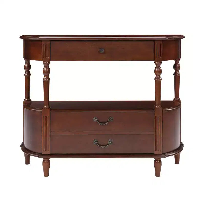 Console Rétro Courbe 43" avec Tiroirs, Table de Canapé avec Pieds en Bois Massif, Table d'Entrée ou de Couloir avec Étagère de Rangement