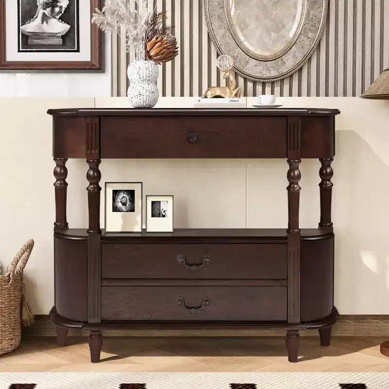 Console Rétro Courbe 43" avec Tiroirs, Table de Canapé avec Pieds en Bois Massif, Table d'Entrée ou de Couloir avec Étagère de Rangement