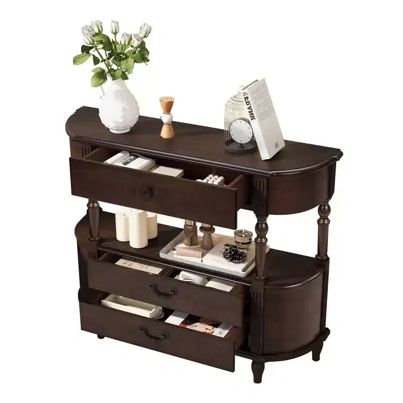 Console Rétro Courbe 43" avec Tiroirs, Table de Canapé avec Pieds en Bois Massif, Table d'Entrée ou de Couloir avec Étagère de Rangement