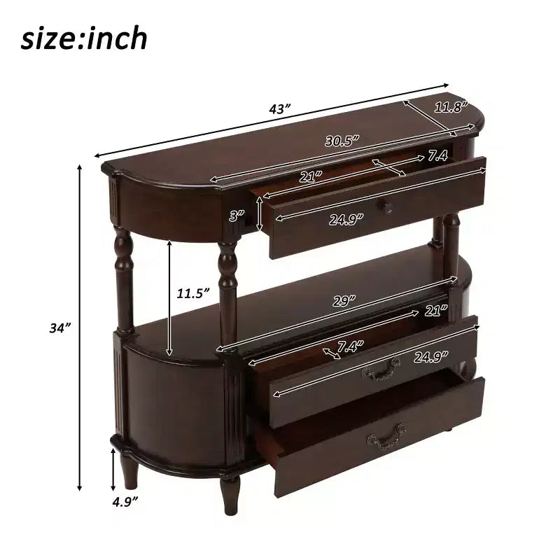 Console Rétro Courbe 43" avec Tiroirs, Table de Canapé avec Pieds en Bois Massif, Table d'Entrée ou de Couloir avec Étagère de Rangement
