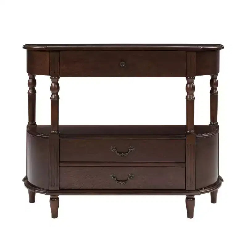 Console Rétro Courbe 43" avec Tiroirs, Table de Canapé avec Pieds en Bois Massif, Table d'Entrée ou de Couloir avec Étagère de Rangement