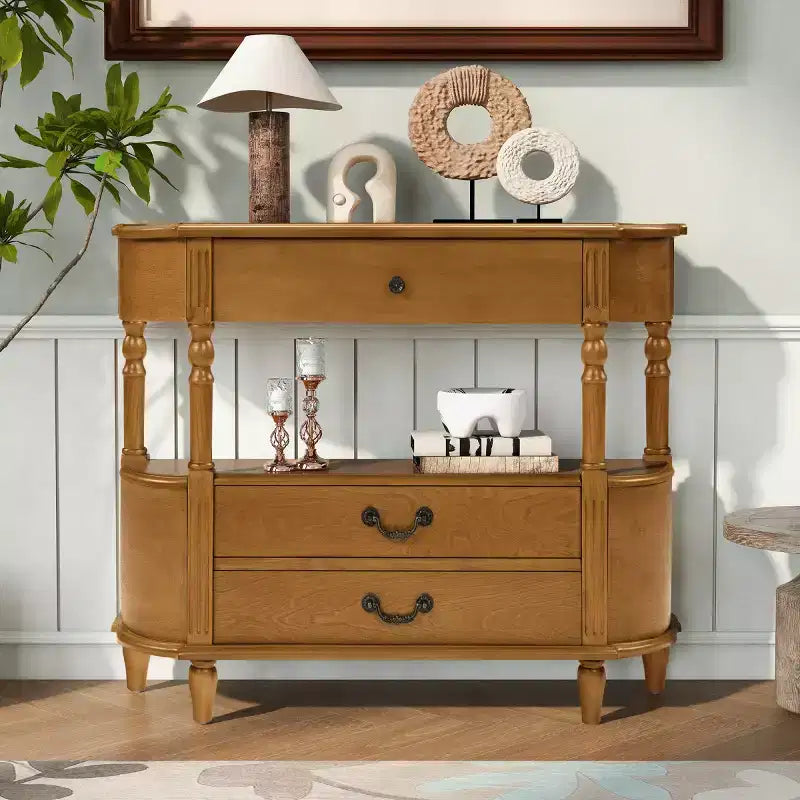 Console Rétro Courbe 43" avec Tiroirs, Table de Canapé avec Pieds en Bois Massif, Table d'Entrée ou de Couloir avec Étagère de Rangement