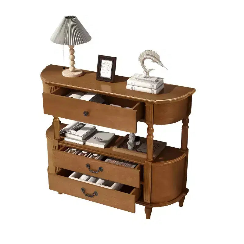 Console Rétro Courbe 43" avec Tiroirs, Table de Canapé avec Pieds en Bois Massif, Table d'Entrée ou de Couloir avec Étagère de Rangement