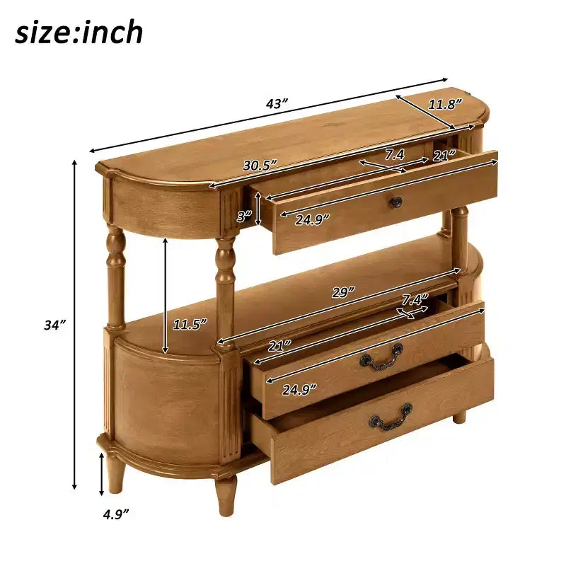 Console Rétro Courbe 43" avec Tiroirs, Table de Canapé avec Pieds en Bois Massif, Table d'Entrée ou de Couloir avec Étagère de Rangement