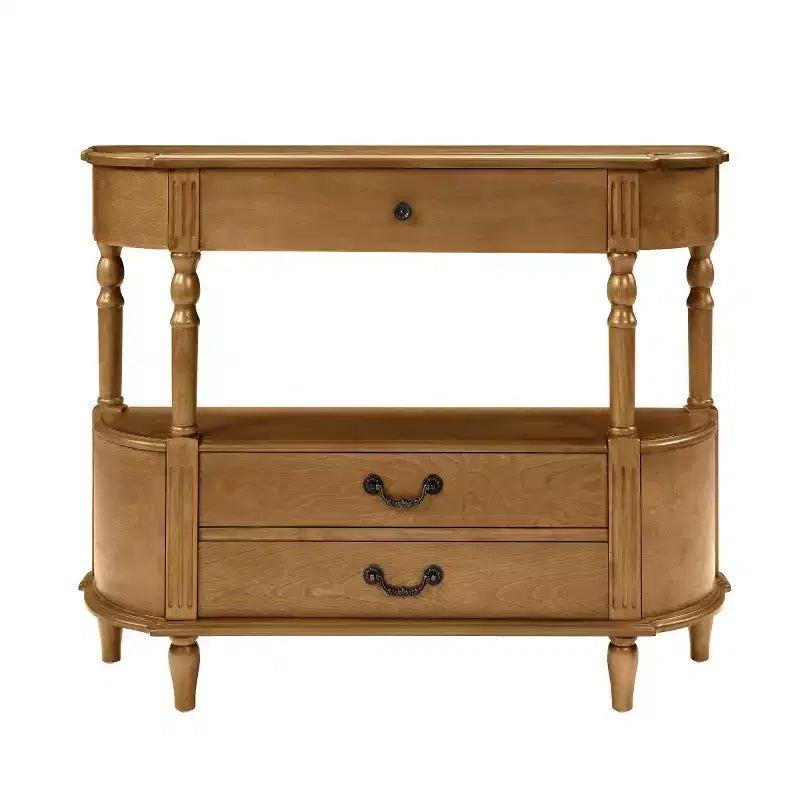 Console Rétro Courbe 43" avec Tiroirs, Table de Canapé avec Pieds en Bois Massif, Table d'Entrée ou de Couloir avec Étagère de Rangement