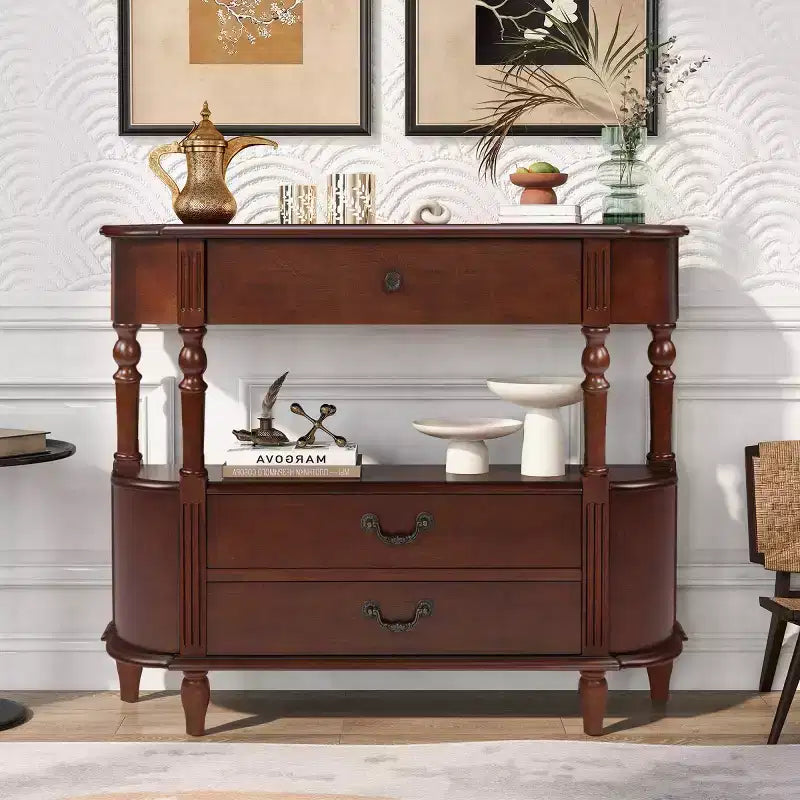 Console Rétro Courbe 43" avec Tiroirs, Table de Canapé avec Pieds en Bois Massif, Table d'Entrée ou de Couloir avec Étagère de Rangement