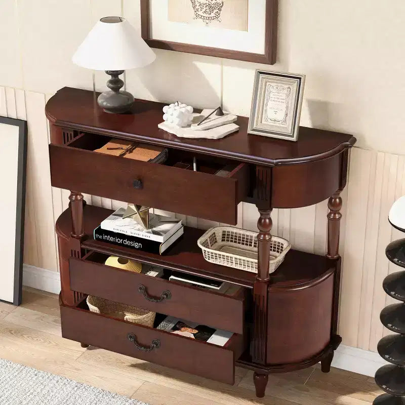 Console Rétro Courbe 43" avec Tiroirs, Table de Canapé avec Pieds en Bois Massif, Table d'Entrée ou de Couloir avec Étagère de Rangement