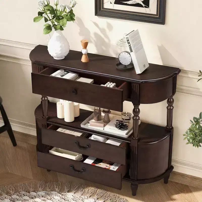 Console Rétro Courbe 43" avec Tiroirs, Table de Canapé avec Pieds en Bois Massif, Table d'Entrée ou de Couloir avec Étagère de Rangement
