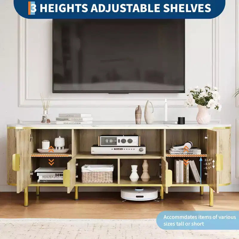 Meuble TV 70 pouces avec plateau en faux marbre, meuble console média de luxe avec étagères réglables, portes coulissantes au profil incurvé