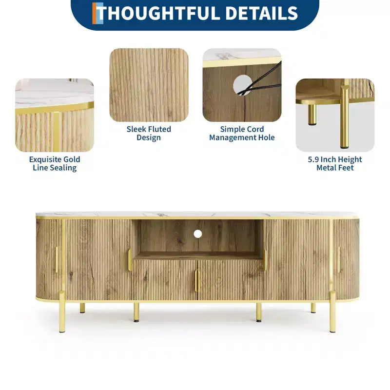 Meuble TV 70 pouces avec plateau en faux marbre, meuble console média de luxe avec étagères réglables, portes coulissantes au profil incurvé
