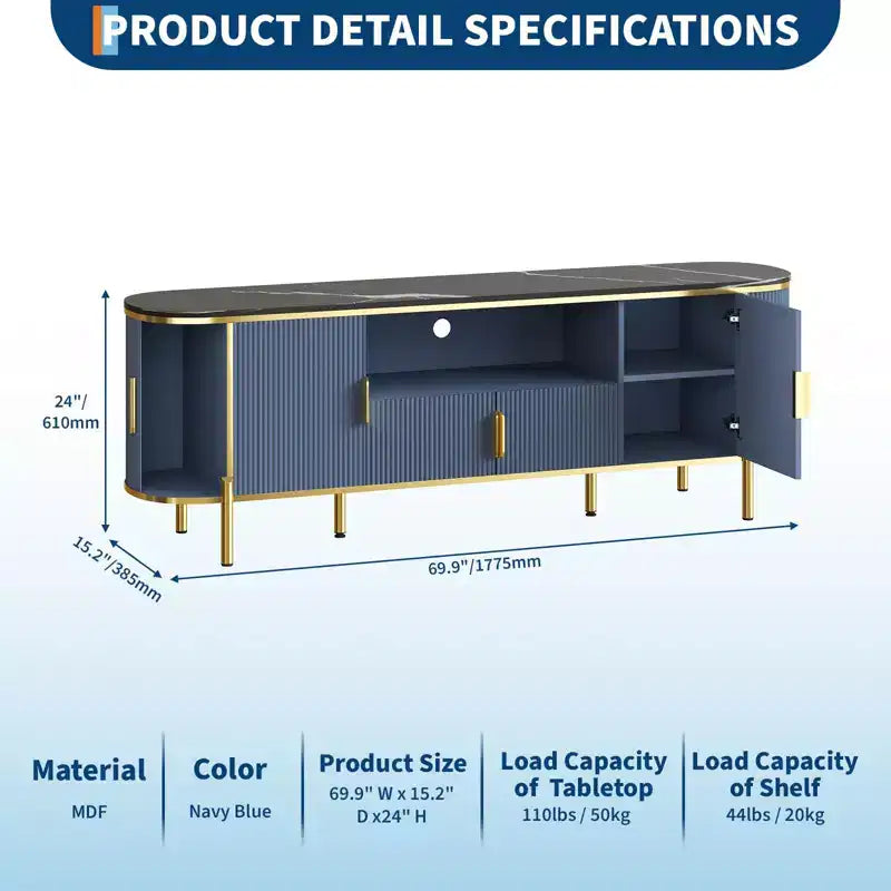 Meuble TV 70 pouces avec plateau en faux marbre, meuble console média de luxe avec étagères réglables, portes coulissantes au profil incurvé