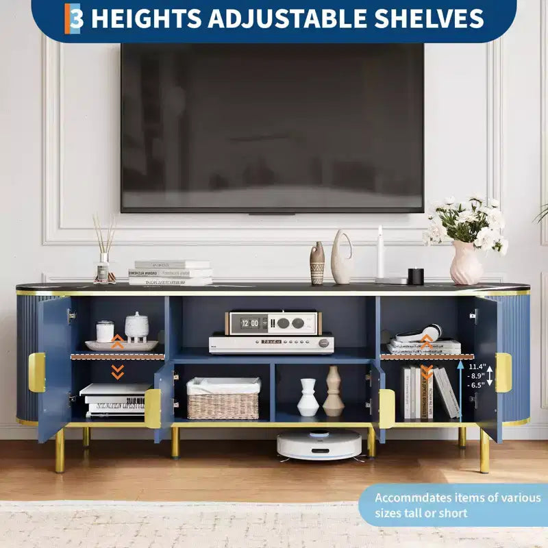 Meuble TV 70 pouces avec plateau en faux marbre, meuble console média de luxe avec étagères réglables, portes coulissantes au profil incurvé