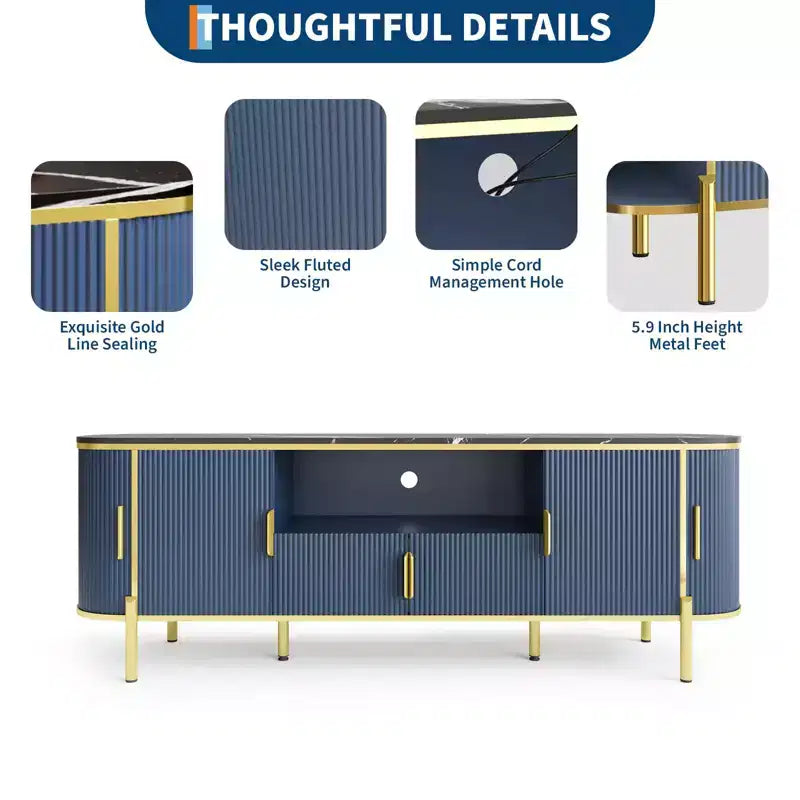 Meuble TV 70 pouces avec plateau en faux marbre, meuble console média de luxe avec étagères réglables, portes coulissantes au profil incurvé