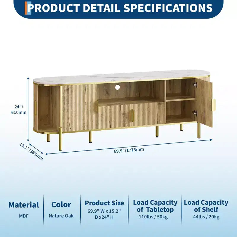 Meuble TV 70 pouces avec plateau en faux marbre, meuble console média de luxe avec étagères réglables, portes coulissantes au profil incurvé