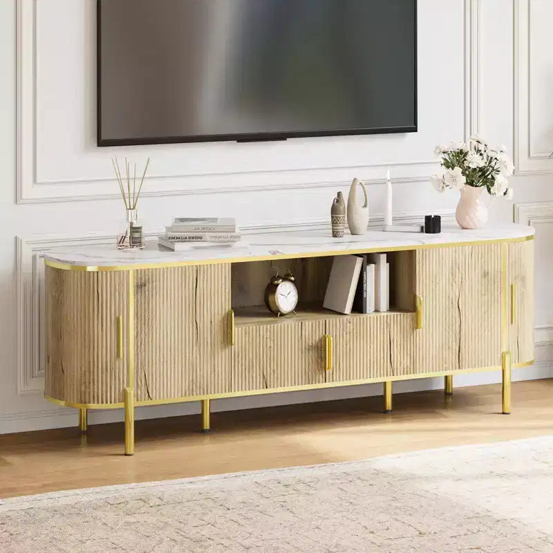 Meuble TV 70 pouces avec plateau en faux marbre, meuble console média de luxe avec étagères réglables, portes coulissantes au profil incurvé