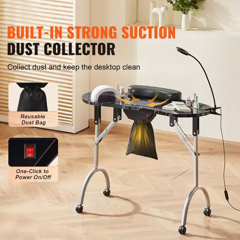 Table de manucure portable, table à ongles pliable avec collecteur de poussière électrique, bureau de technicien d'ongles mobile et 4 roulettes, 3 sacs à poussière, noir