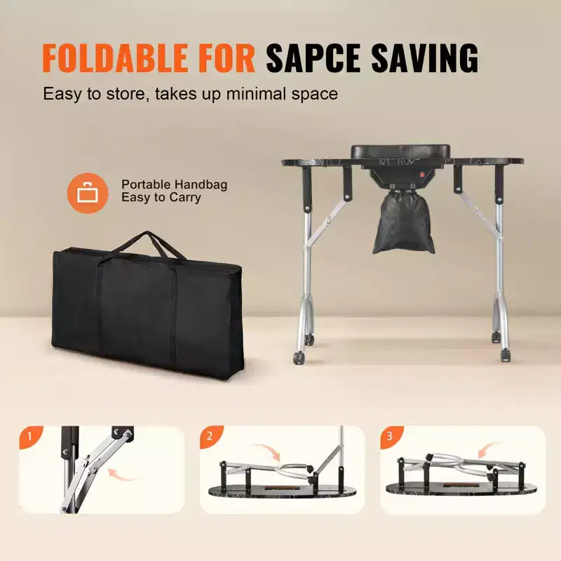 Table de manucure portable, table à ongles pliable avec collecteur de poussière électrique, bureau de technicien d'ongles mobile et 4 roulettes, 3 sacs à poussière, noir
