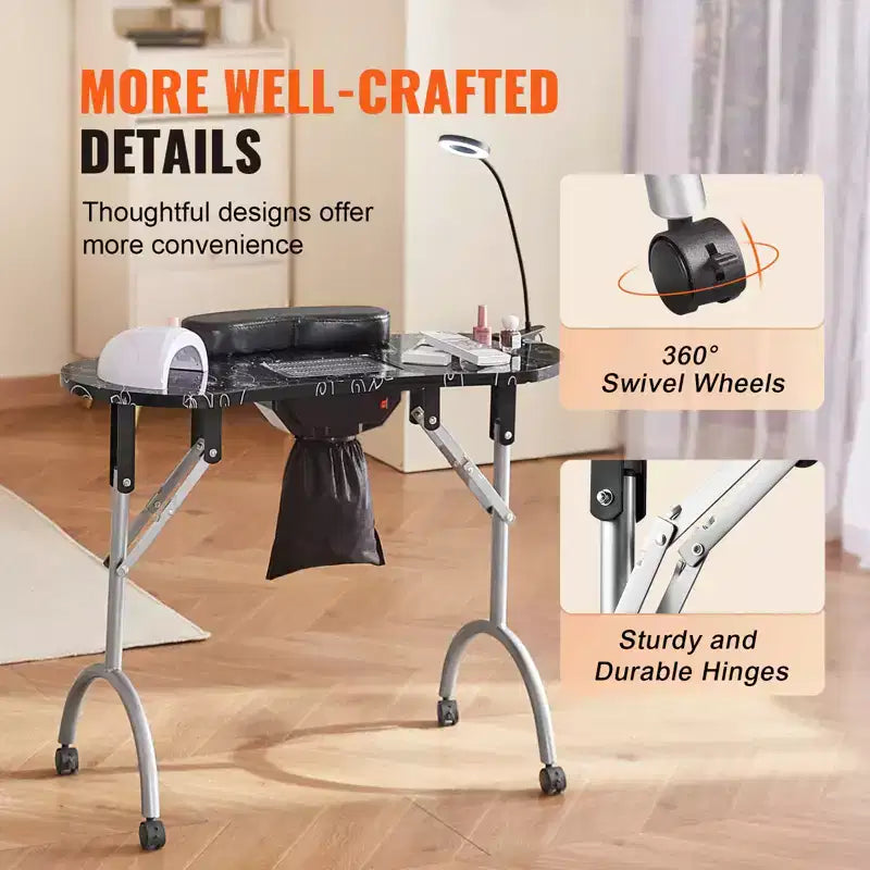 Table de manucure portable, table à ongles pliable avec collecteur de poussière électrique, bureau de technicien d'ongles mobile et 4 roulettes, 3 sacs à poussière, noir