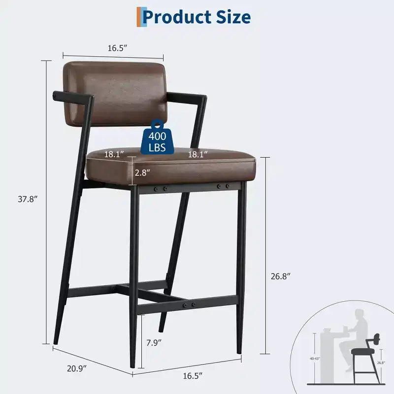 Lot de 2 tabourets de bar à coussins épais, hauteur de comptoir de 68 cm, avec repose-pieds, revêtement en similicuir pour îlot de cuisine ou bar