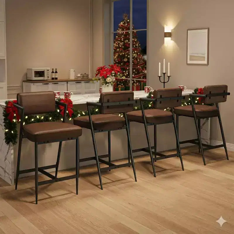 Lot de 2 tabourets de bar à coussins épais, hauteur de comptoir de 68 cm, avec repose-pieds, revêtement en similicuir pour îlot de cuisine ou bar