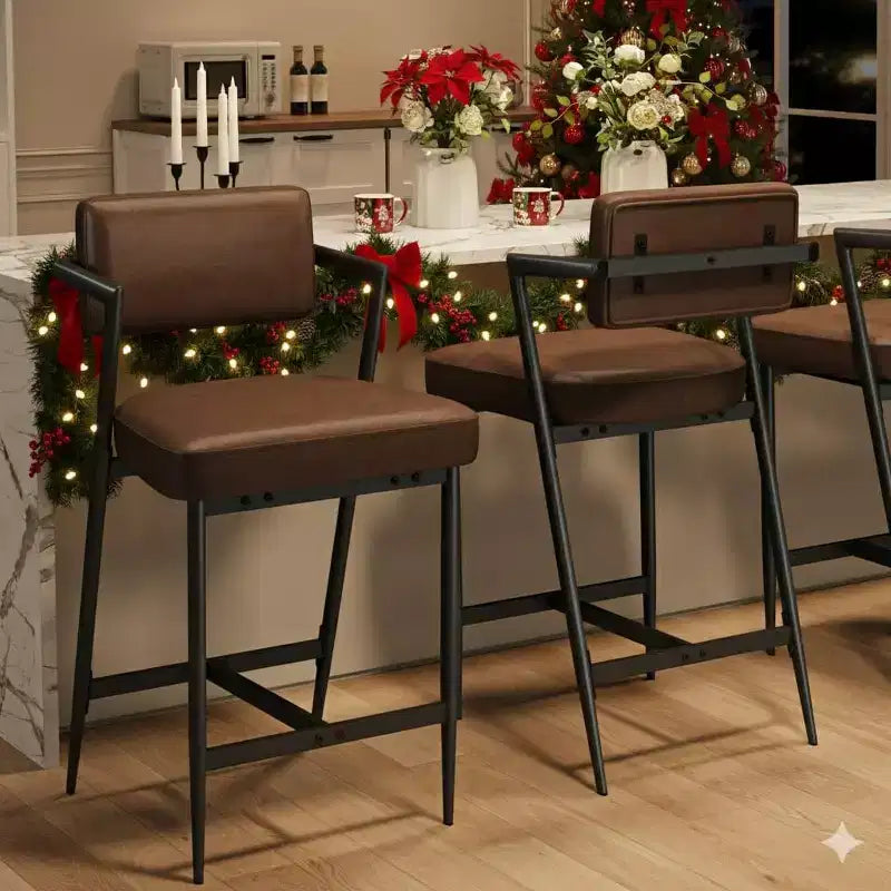Lot de 2 tabourets de bar à coussins épais, hauteur de comptoir de 68 cm, avec repose-pieds, revêtement en similicuir pour îlot de cuisine ou bar