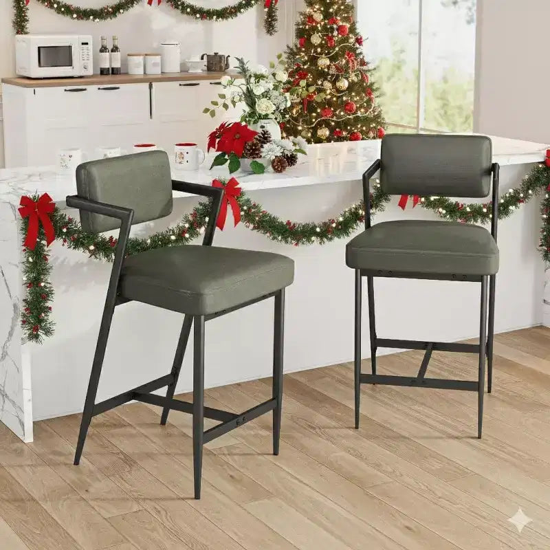 Lot de 2 tabourets de bar à coussins épais, hauteur de comptoir de 68 cm, avec repose-pieds, revêtement en similicuir pour îlot de cuisine ou bar