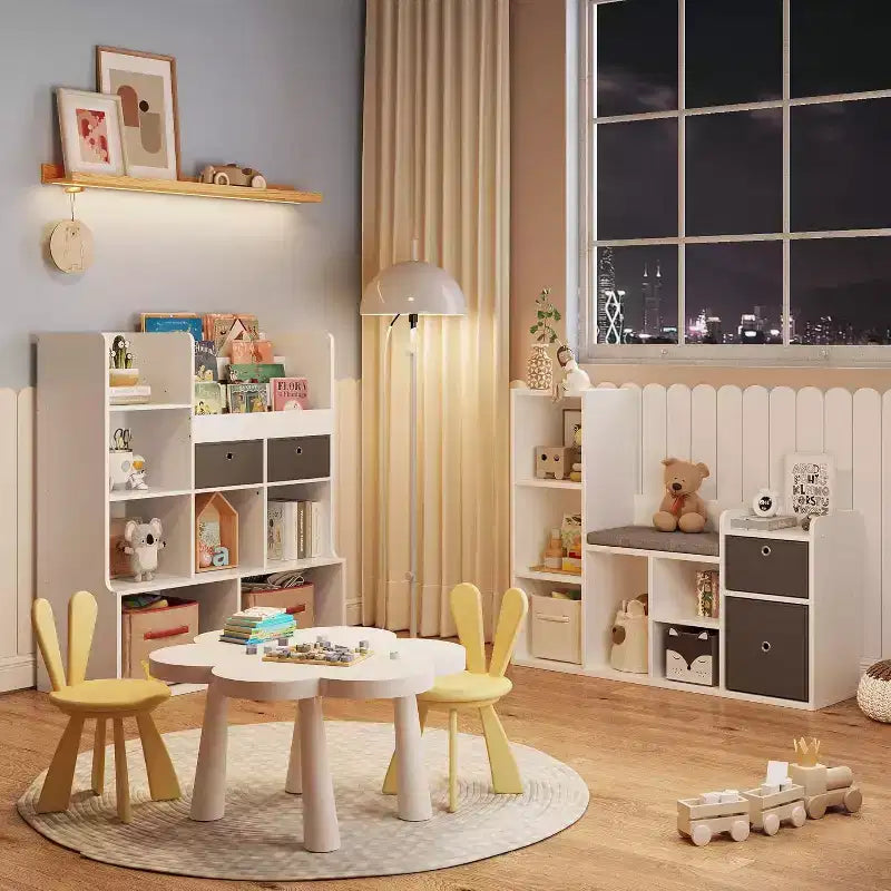 Étagère à Livres et Rangement de Jouets pour Enfants de 112 cm avec Coin Lecture et Coussin d'Assise, Organisateur de Rangement de Jouets avec 6 Casiers et 2 Tiroirs Supplémentaires, pour Salle de Jeux ou Chambre d'Enfant