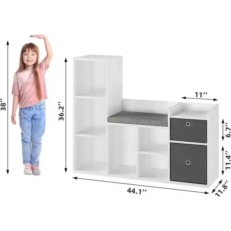 Étagère à Livres et Rangement de Jouets pour Enfants de 112 cm avec Coin Lecture et Coussin d'Assise, Organisateur de Rangement de Jouets avec 6 Casiers et 2 Tiroirs Supplémentaires, pour Salle de Jeux ou Chambre d'Enfant