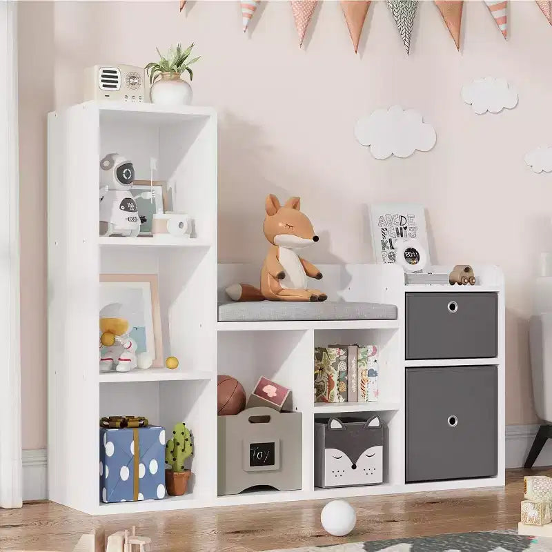 Étagère à Livres et Rangement de Jouets pour Enfants de 112 cm avec Coin Lecture et Coussin d'Assise, Organisateur de Rangement de Jouets avec 6 Casiers et 2 Tiroirs Supplémentaires, pour Salle de Jeux ou Chambre d'Enfant