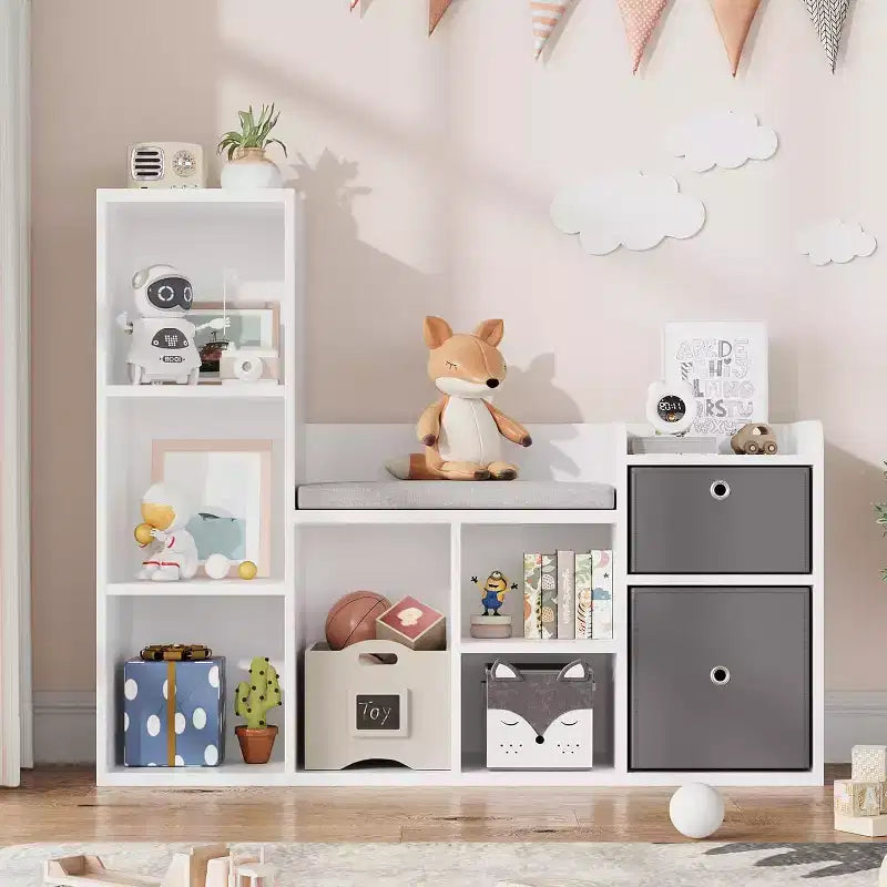 Étagère à Livres et Rangement de Jouets pour Enfants de 112 cm avec Coin Lecture et Coussin d'Assise, Organisateur de Rangement de Jouets avec 6 Casiers et 2 Tiroirs Supplémentaires, pour Salle de Jeux ou Chambre d'Enfant