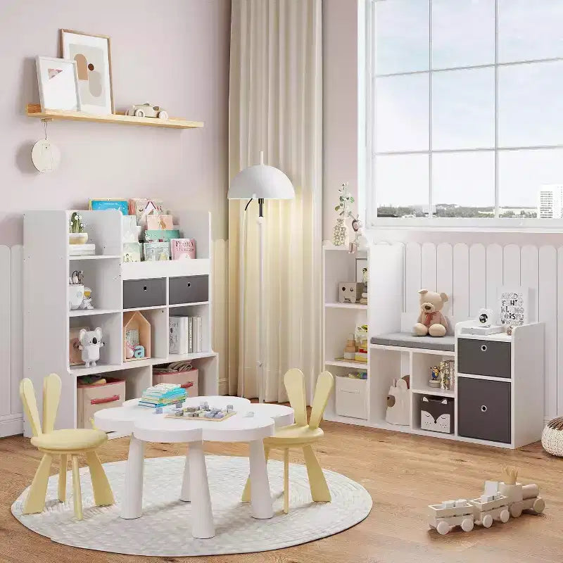 Étagère à Livres et Rangement de Jouets pour Enfants de 112 cm avec Coin Lecture et Coussin d'Assise, Organisateur de Rangement de Jouets avec 6 Casiers et 2 Tiroirs Supplémentaires, pour Salle de Jeux ou Chambre d'Enfant