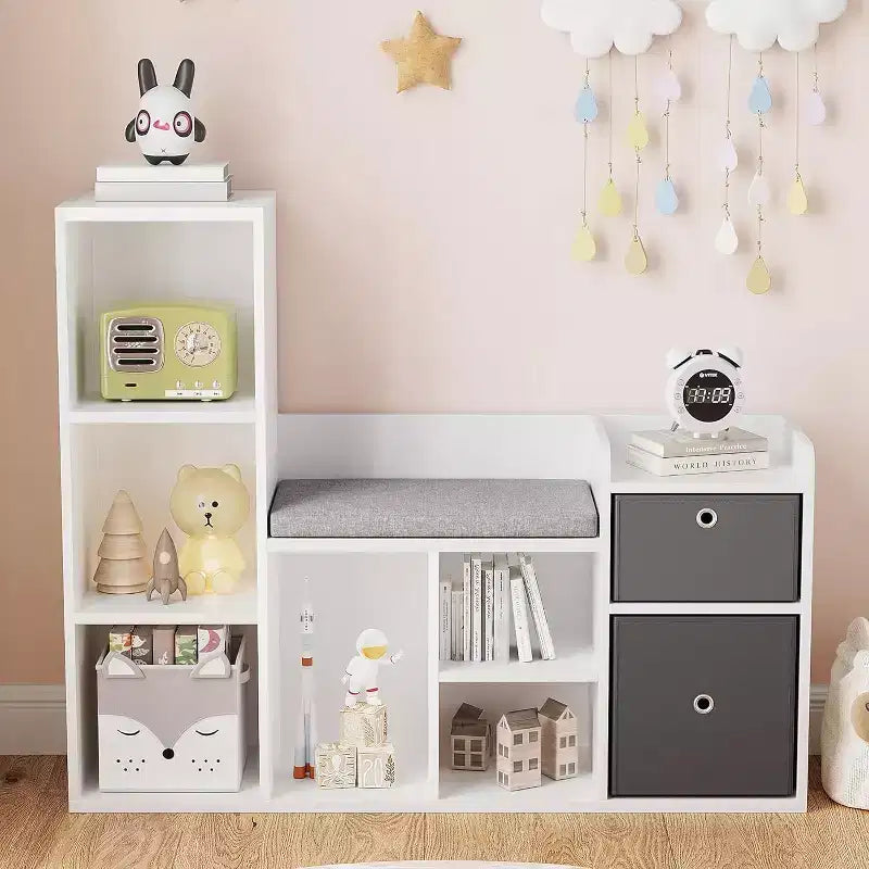 Étagère à Livres et Rangement de Jouets pour Enfants de 112 cm avec Coin Lecture et Coussin d'Assise, Organisateur de Rangement de Jouets avec 6 Casiers et 2 Tiroirs Supplémentaires, pour Salle de Jeux ou Chambre d'Enfant