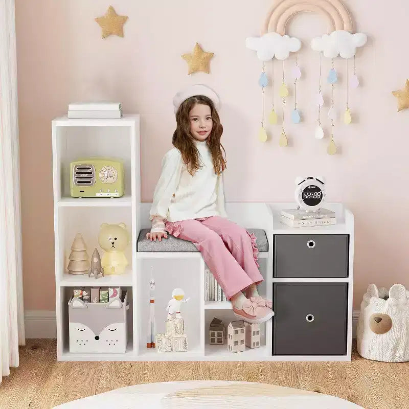 Étagère à Livres et Rangement de Jouets pour Enfants de 112 cm avec Coin Lecture et Coussin d'Assise, Organisateur de Rangement de Jouets avec 6 Casiers et 2 Tiroirs Supplémentaires, pour Salle de Jeux ou Chambre d'Enfant