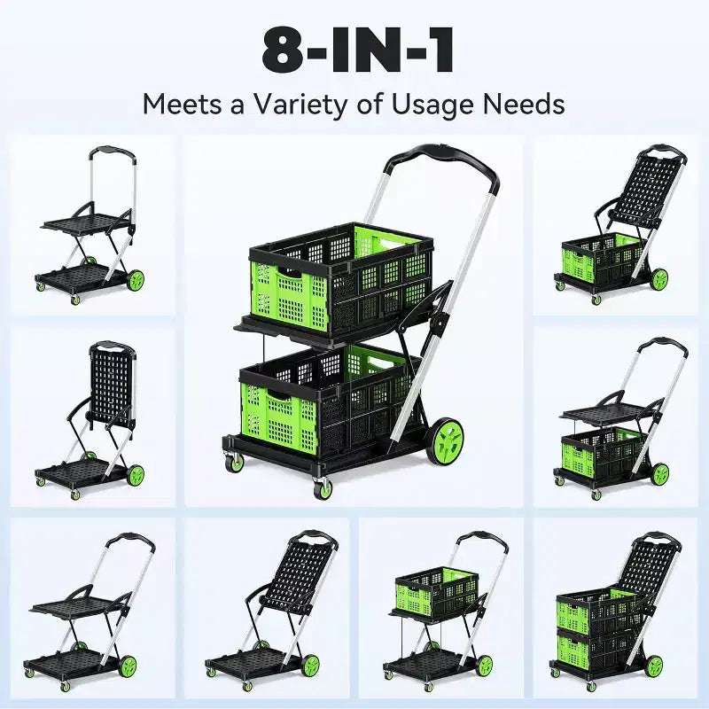 Chariot de courses pliable à deux paniers avec roulettes Vert