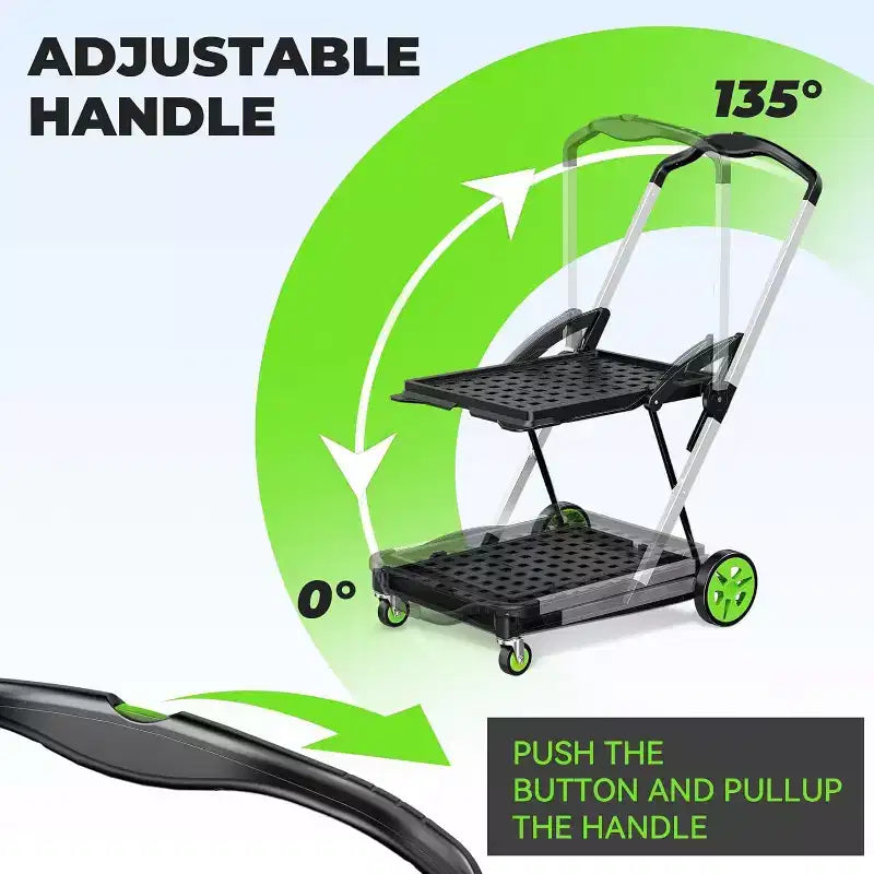 Chariot de courses pliable à deux paniers avec roulettes Vert
