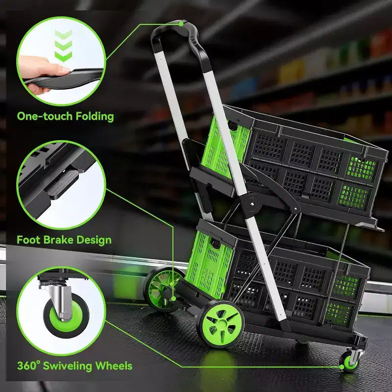 Chariot de courses pliable à deux paniers avec roulettes Vert