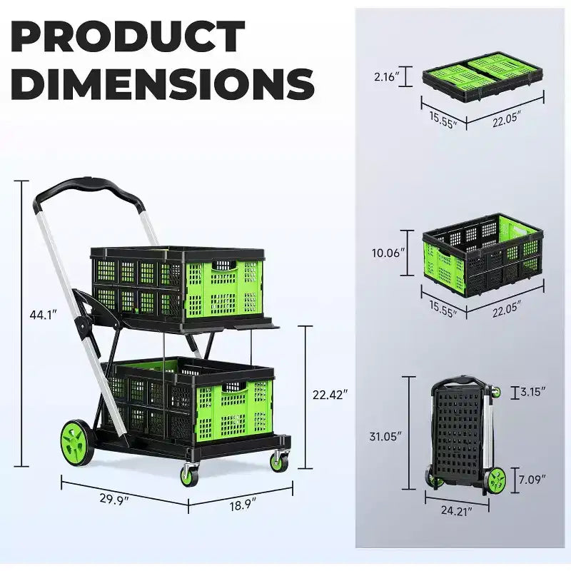Chariot de courses pliable à deux paniers avec roulettes Vert