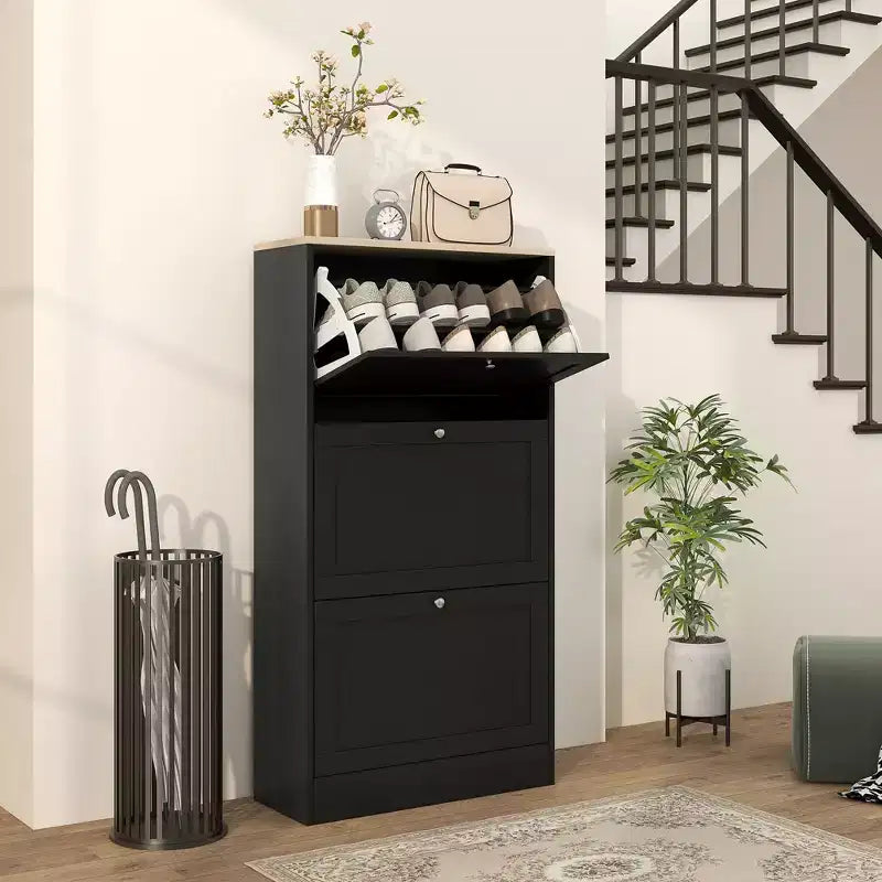Meuble à chaussures moderne avec 3 tiroirs basculants et étagères réglables pour 18 paires de chaussures