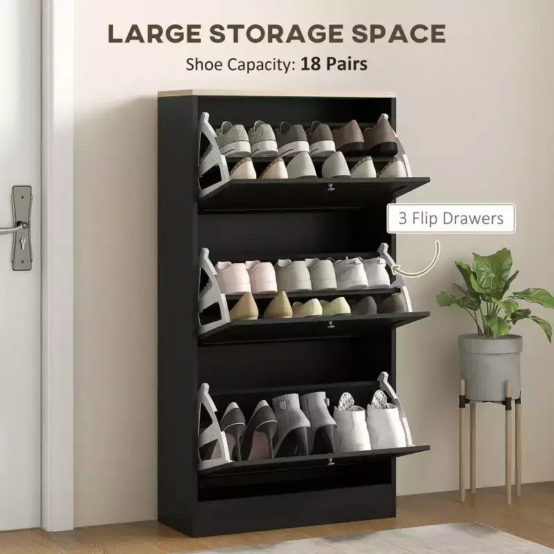 Meuble à chaussures moderne avec 3 tiroirs basculants et étagères réglables pour 18 paires de chaussures