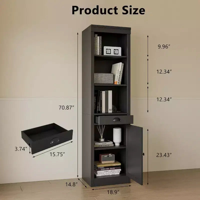 Étagère haute de 180 cm avec tiroir et portes de placard - Armoire de rangement à 3 étagères réglables pour salon, bureau, chambre, noire