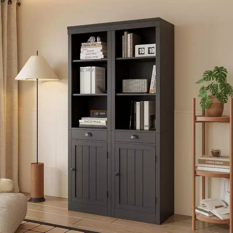Étagère haute de 180 cm avec tiroir et portes de placard - Armoire de rangement à 3 étagères réglables pour salon, bureau, chambre, noire