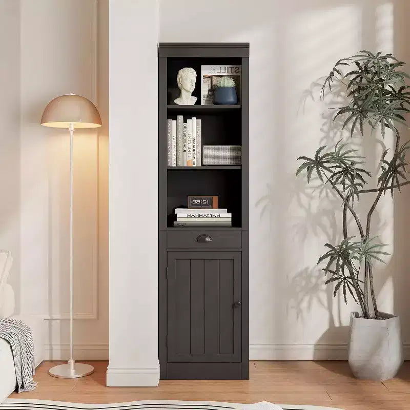 Étagère haute de 180 cm avec tiroir et portes de placard - Armoire de rangement à 3 étagères réglables pour salon, bureau, chambre, noire