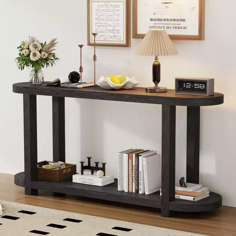 Console ovale moderne à 2 niveaux avec plateau profilé, table d'entrée en bois minimaliste pour bureau, couloir, salon