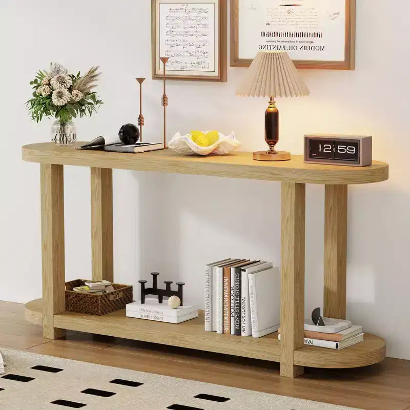 Console ovale moderne à 2 niveaux avec plateau profilé, table d'entrée en bois minimaliste pour bureau, couloir, salon